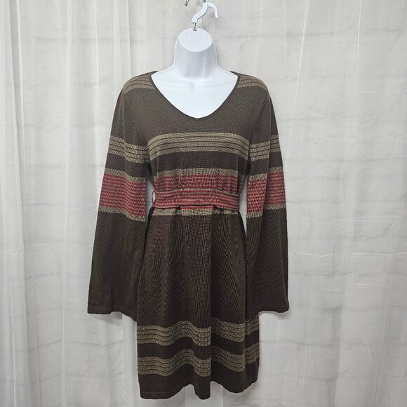 Prana Brown Red Striped Knit Dress Belted Boho Festival Hippie M - Picture 13 of 13